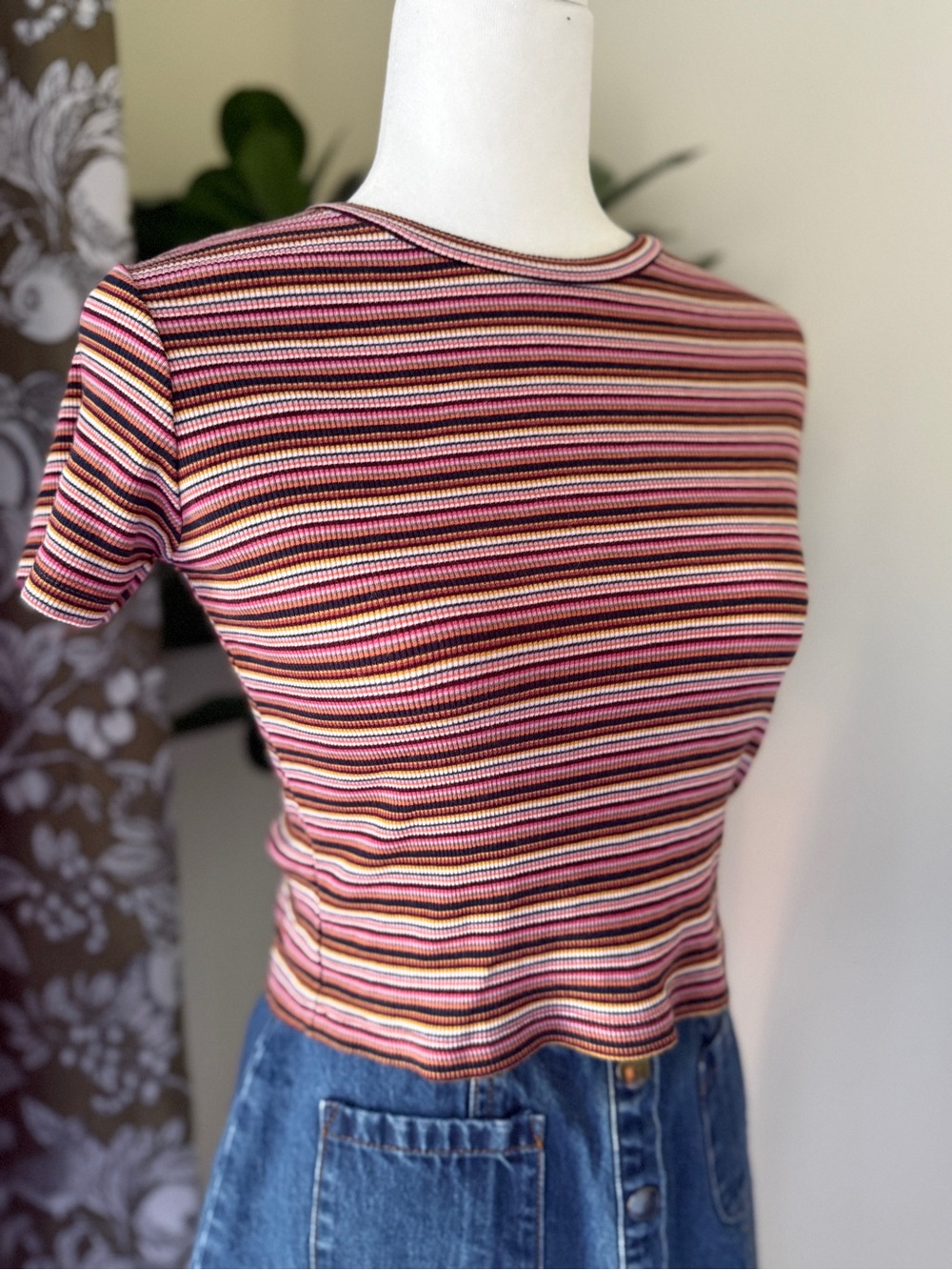 Brandy Melville Striped Multi-Color Baby Tee